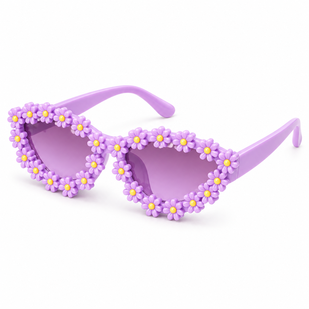 Lavender Daisy sunglasses, angled view on white