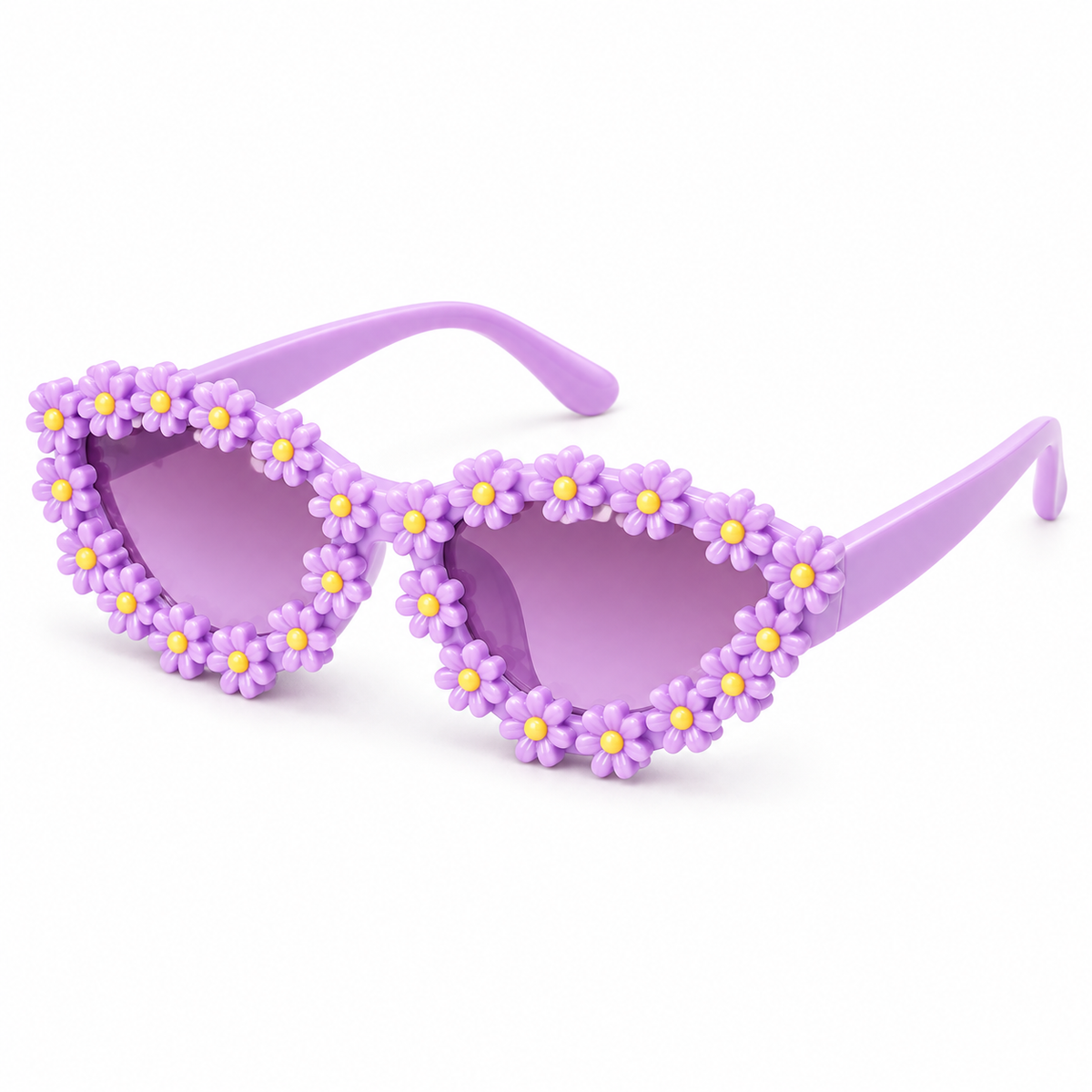 Lavender Daisy sunglasses, angled view on white