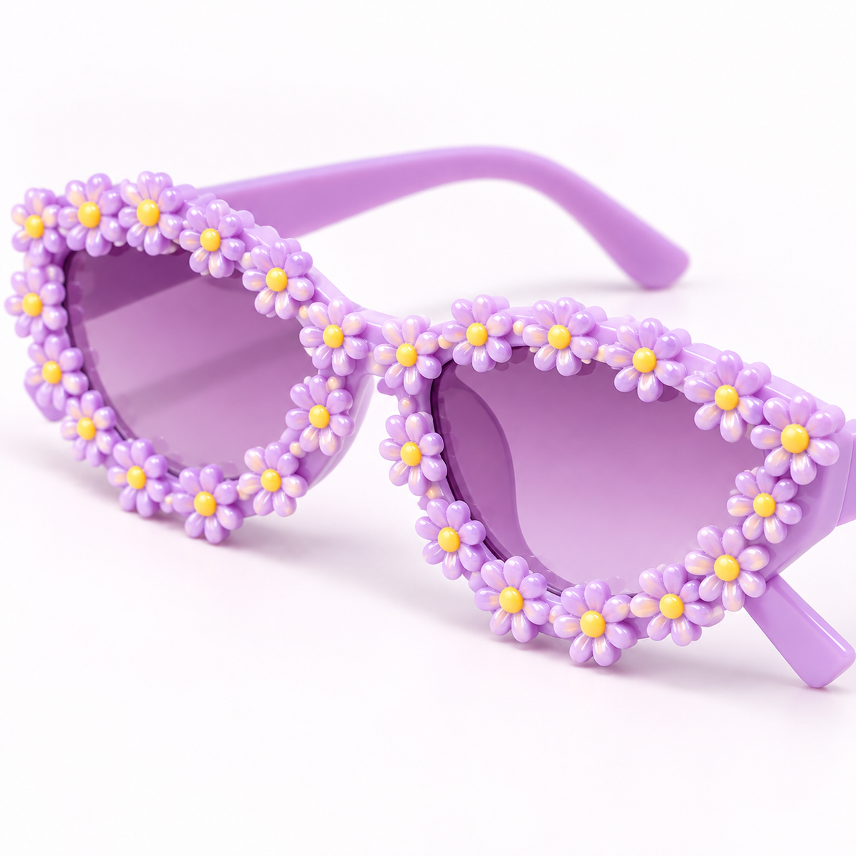Lavender Daisy sunglasses, side detail on white