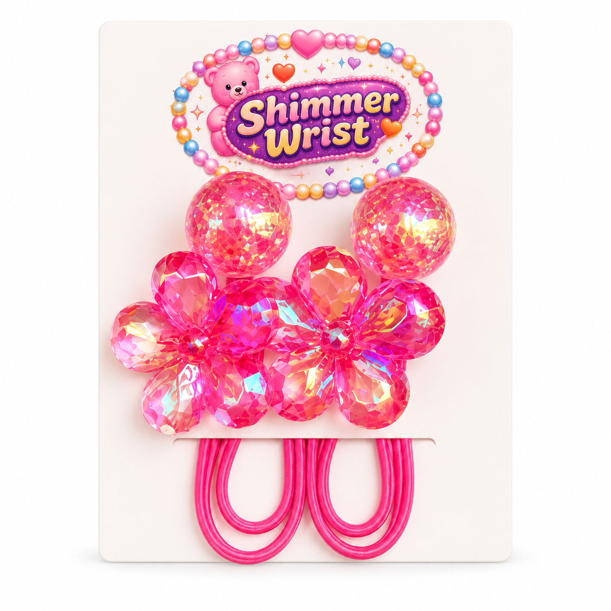 Crystal Bloom Hot Pink flower hair ties, two on a display card against white