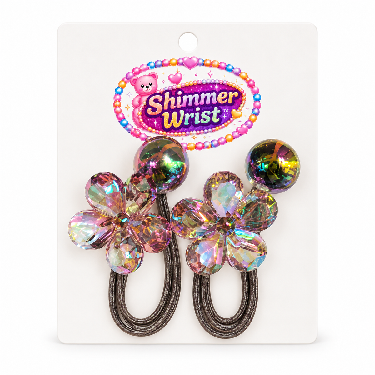 Crystal Bloom Smoky Iridescent flower hair ties, two on a display card against white