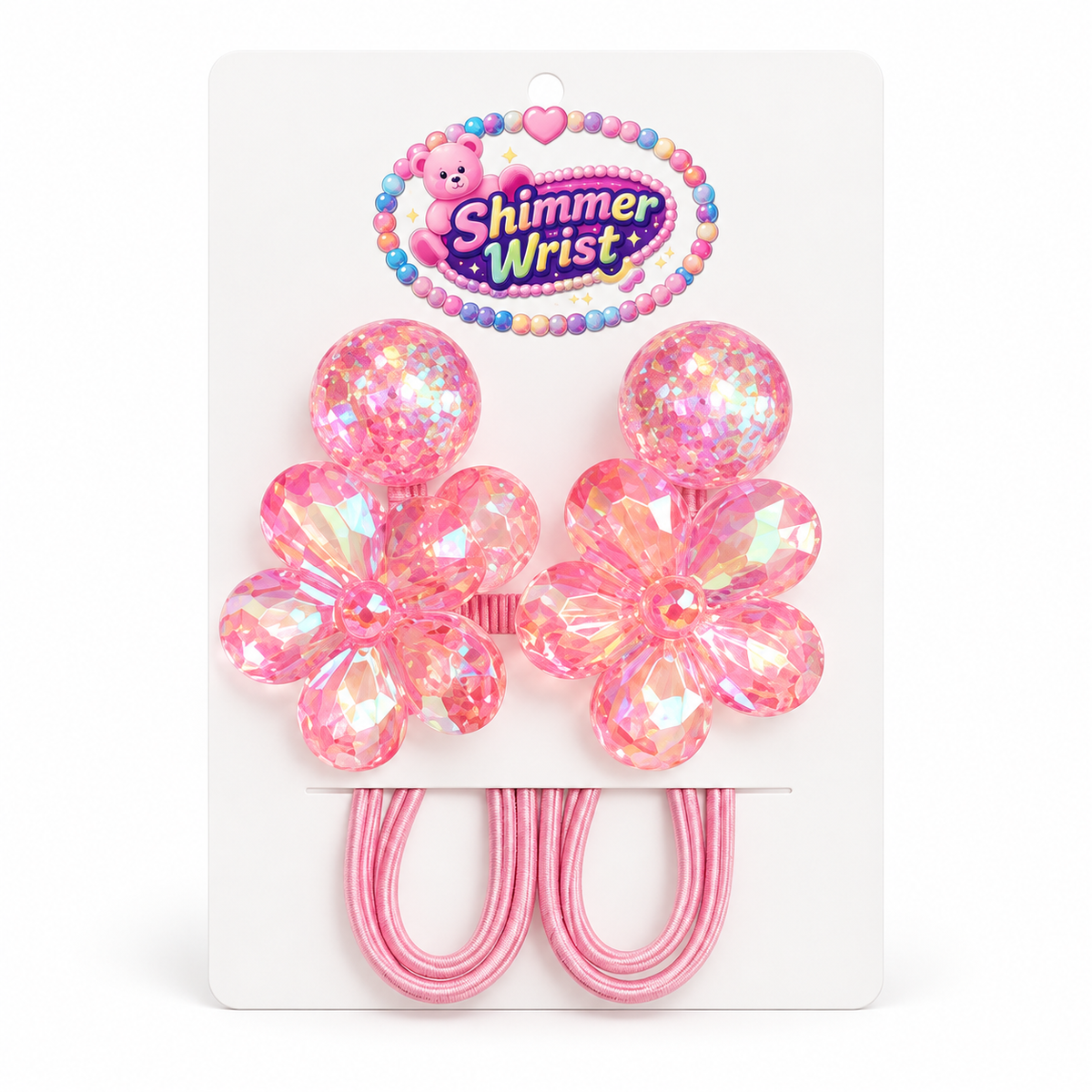 Crystal Bloom Blush Pink flower hair ties, two on a display card against white