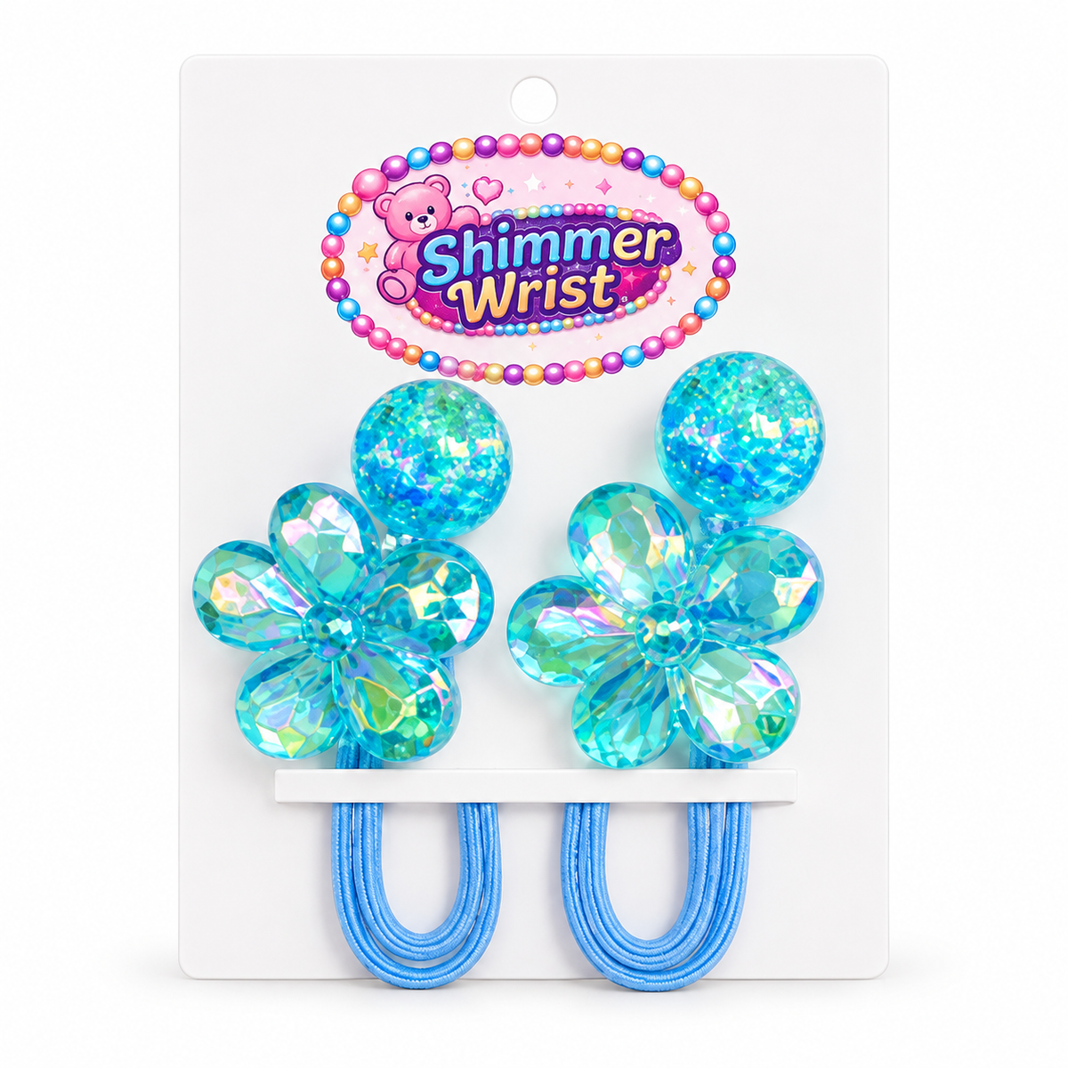 Crystal Bloom Aqua Blue flower hair ties, two on a display card against white