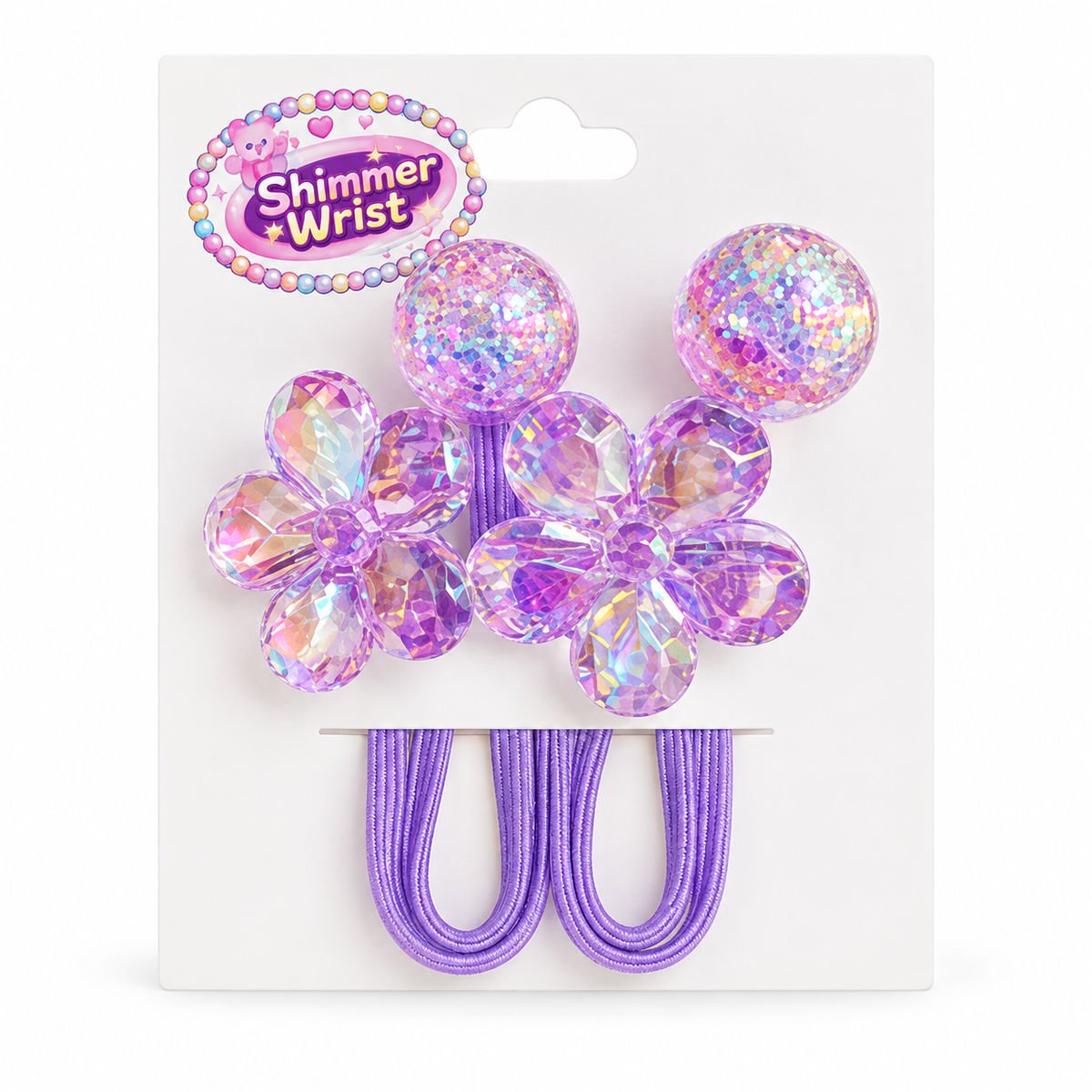 Crystal Bloom Lavender flower hair ties, two on a display card against white
