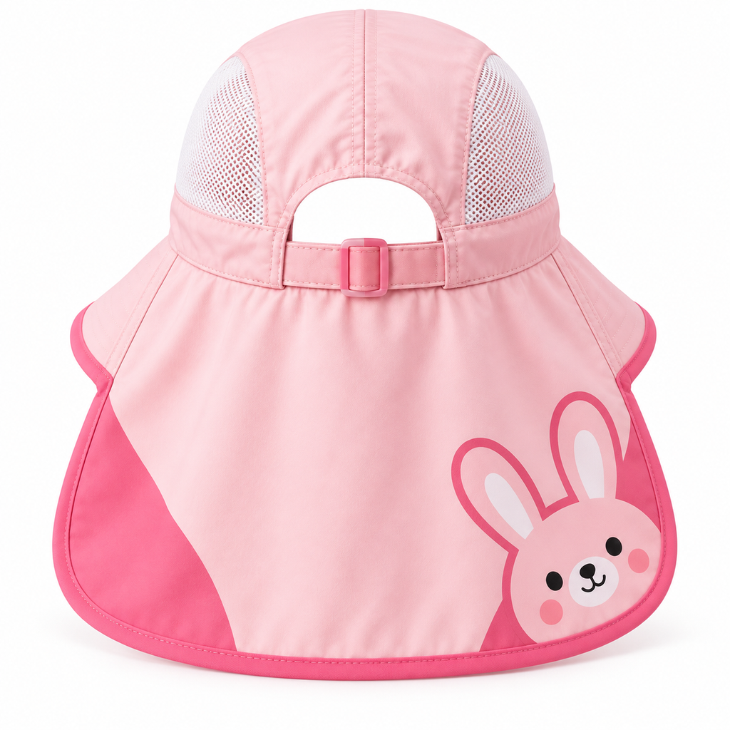 Pink Bunny sun hat, back view showing neck flap