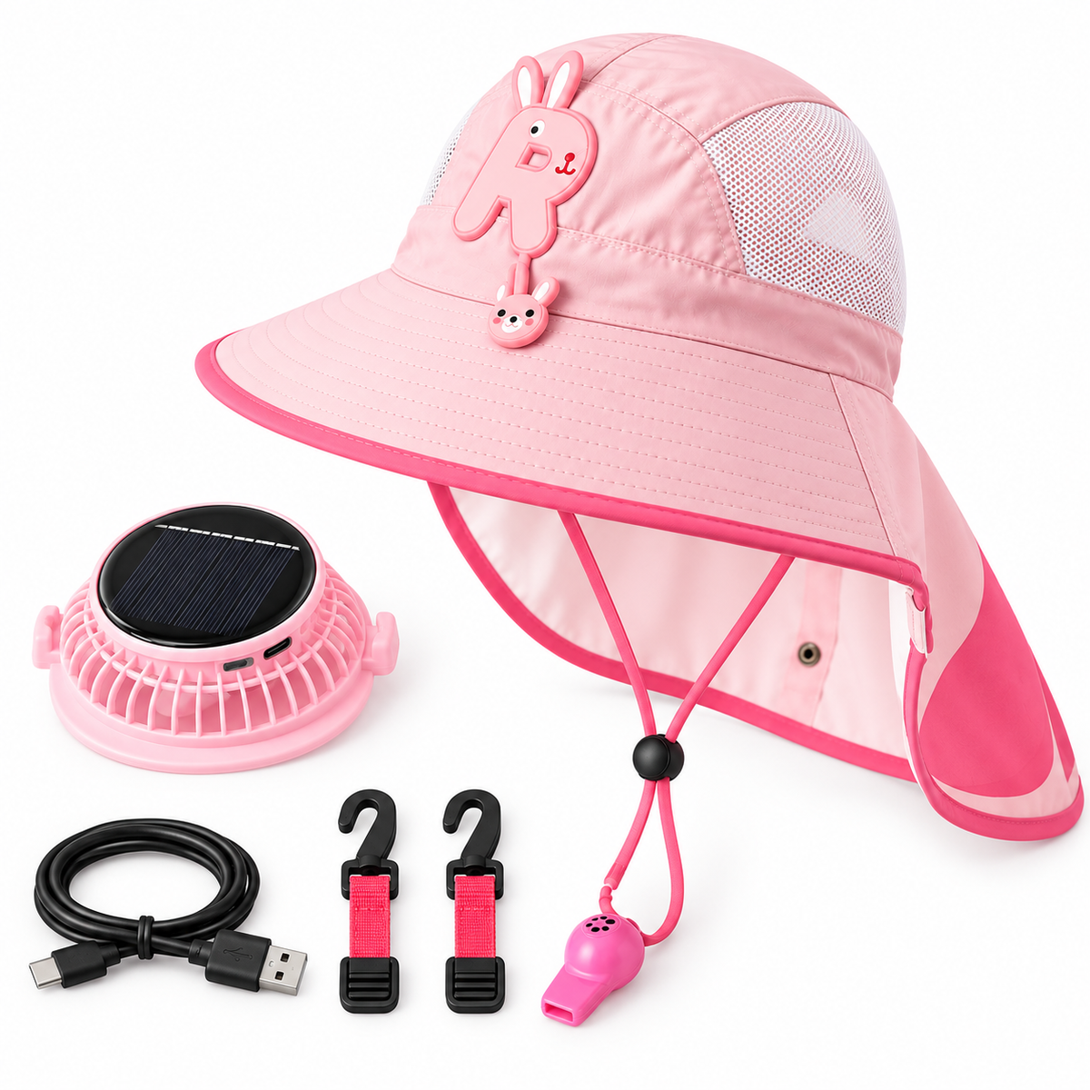 Pink Bunny fan hat with removable fan and charging accessories
