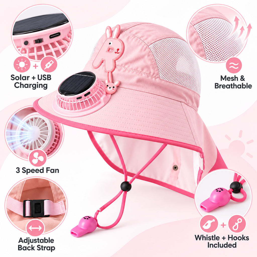 Pink Bunny fan sun hat feature diagram