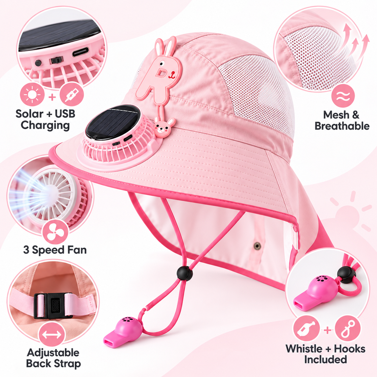 Pink Bunny fan sun hat feature diagram