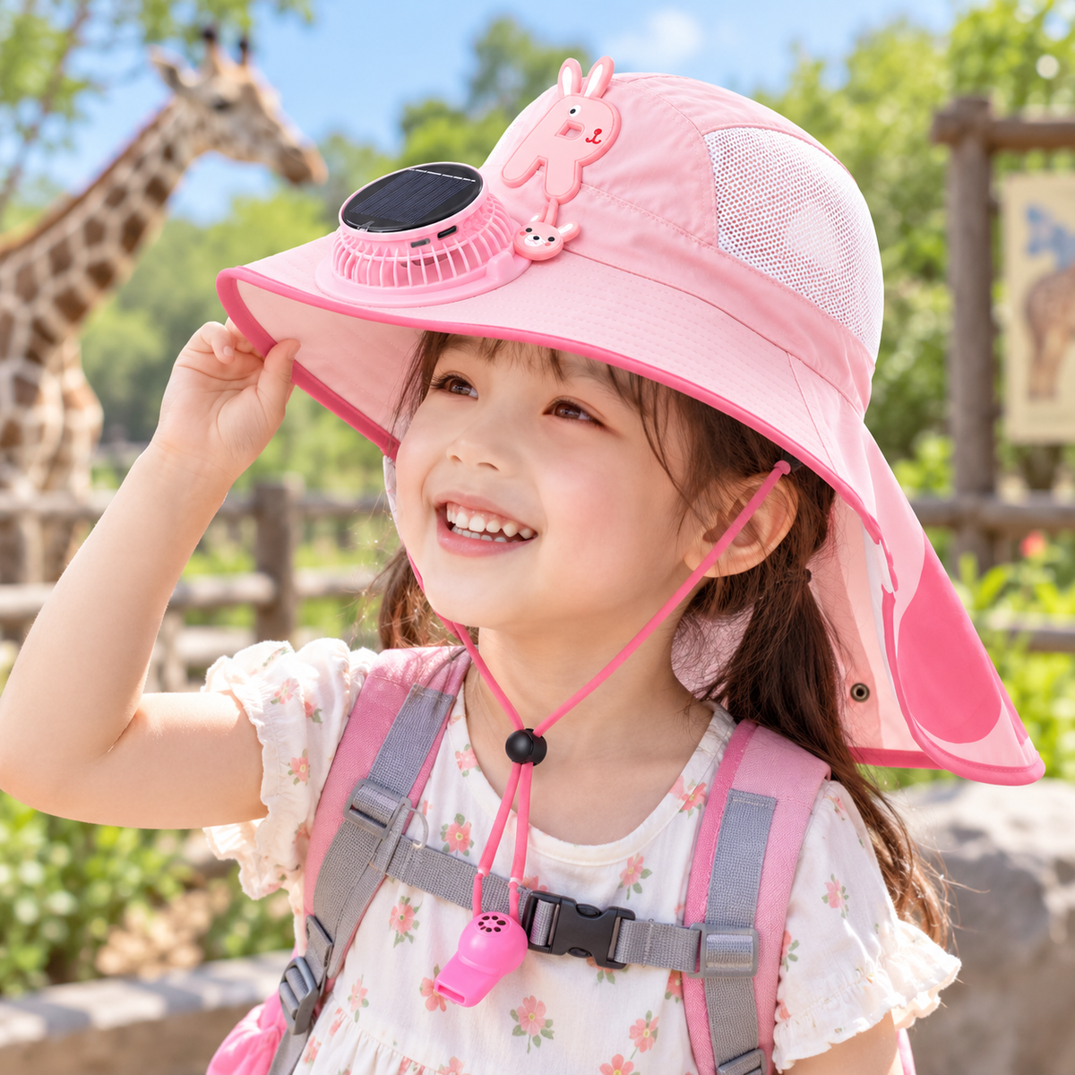 Child wearing a Pink Bunny fan sun hat outdoors