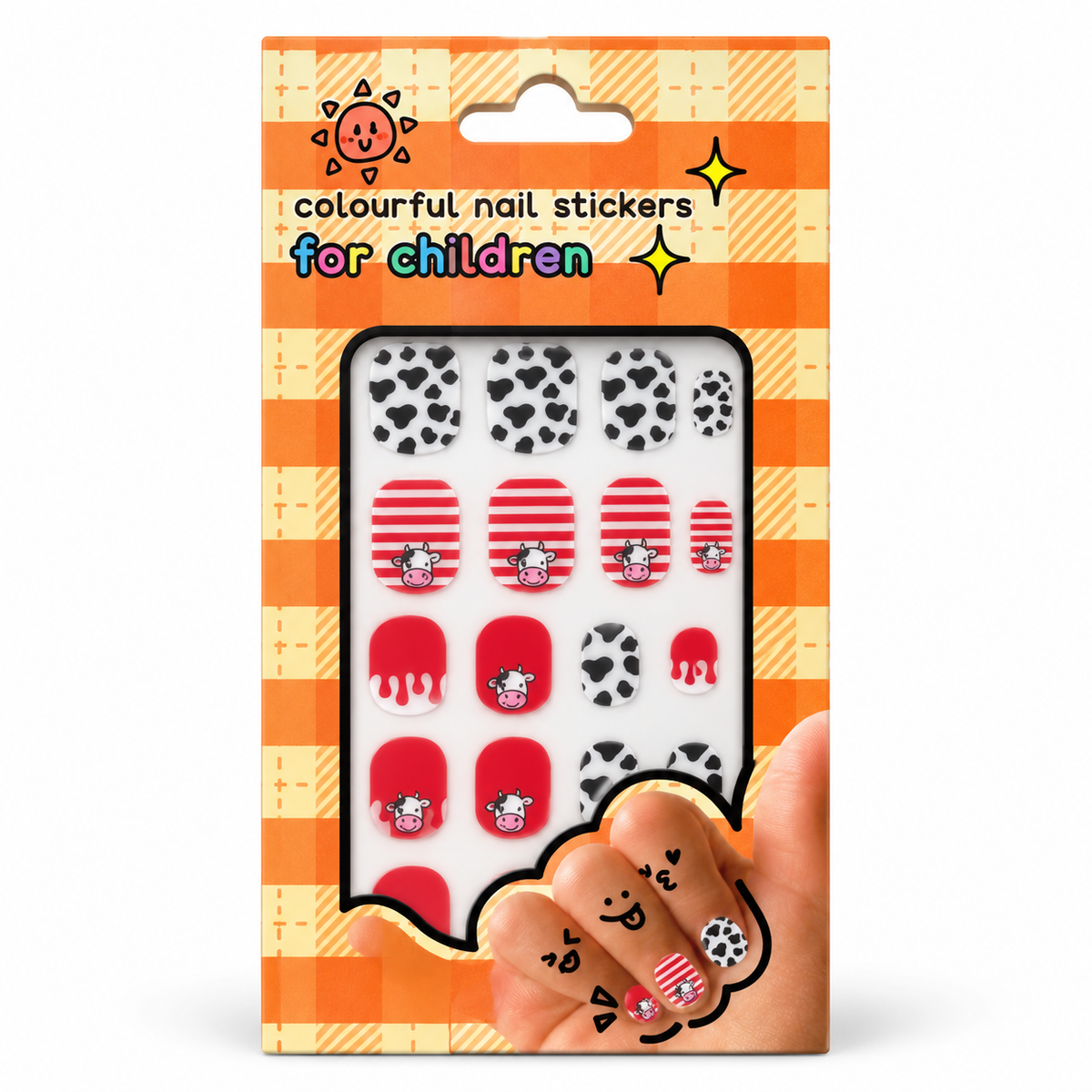Red Cow and Spots nail sticker package on white