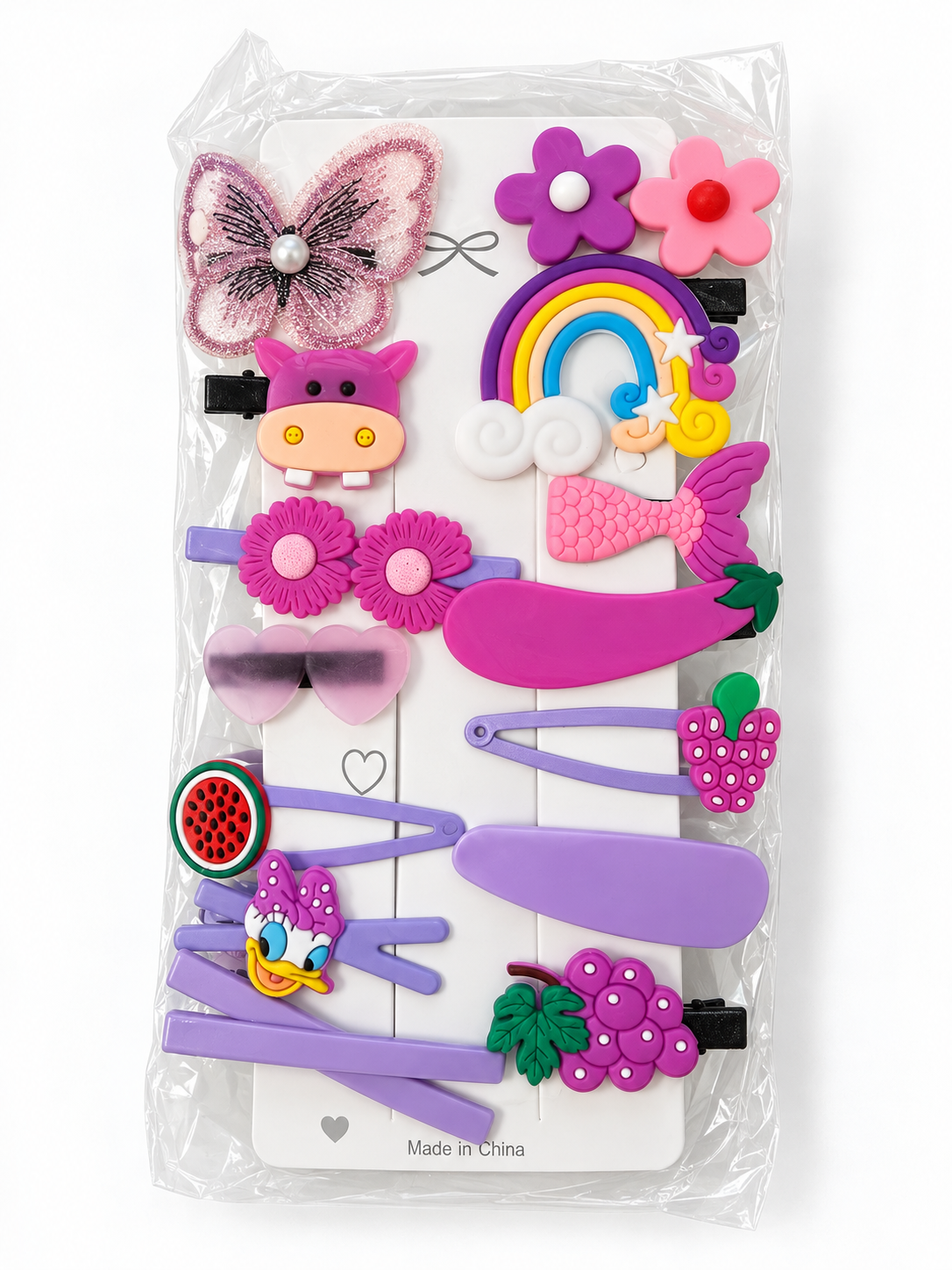 Purple Butterfly hair clip assortment on white — AI-enhanced product photograph