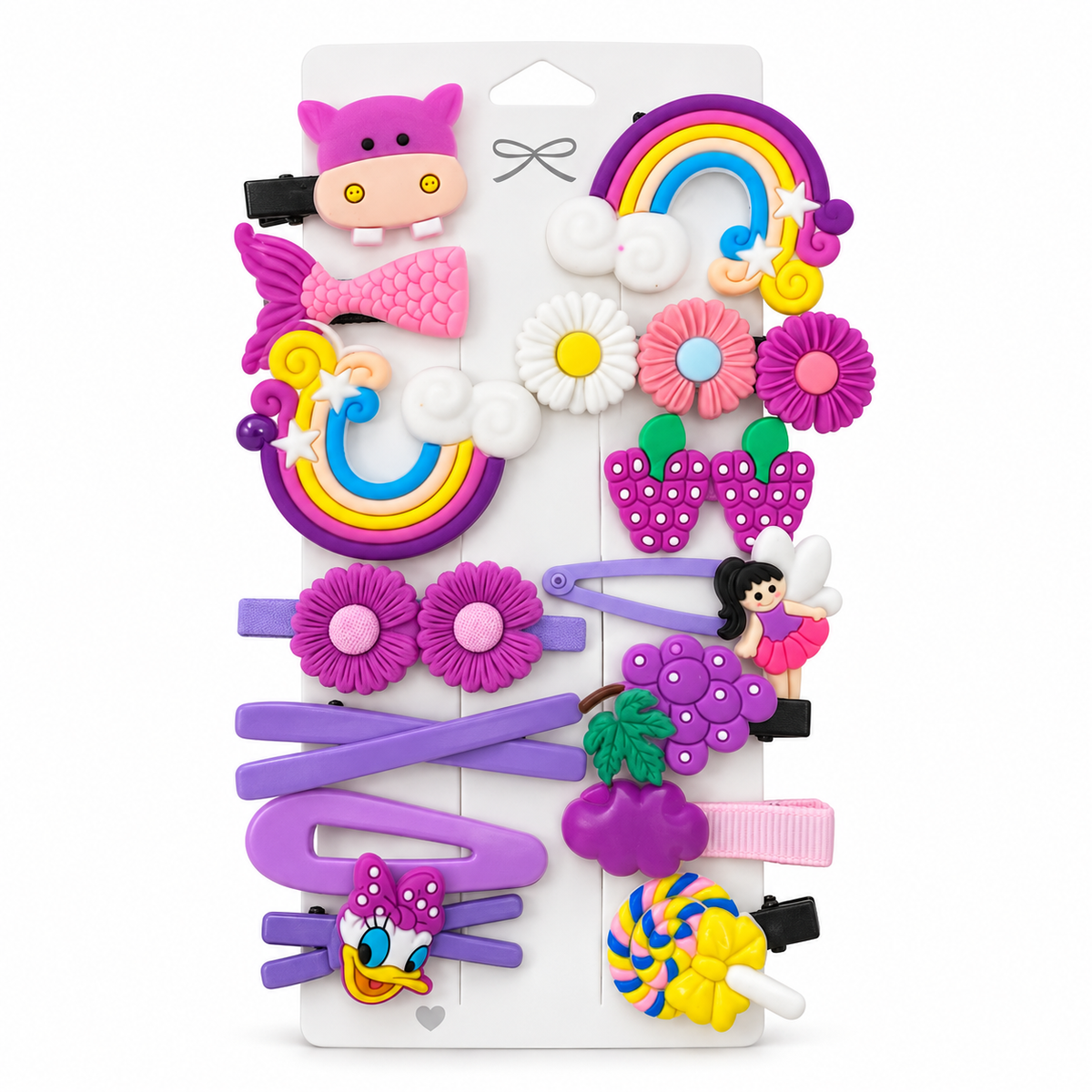 Purple Rainbow hair clip assortment on a white background — AI-enhanced product photo