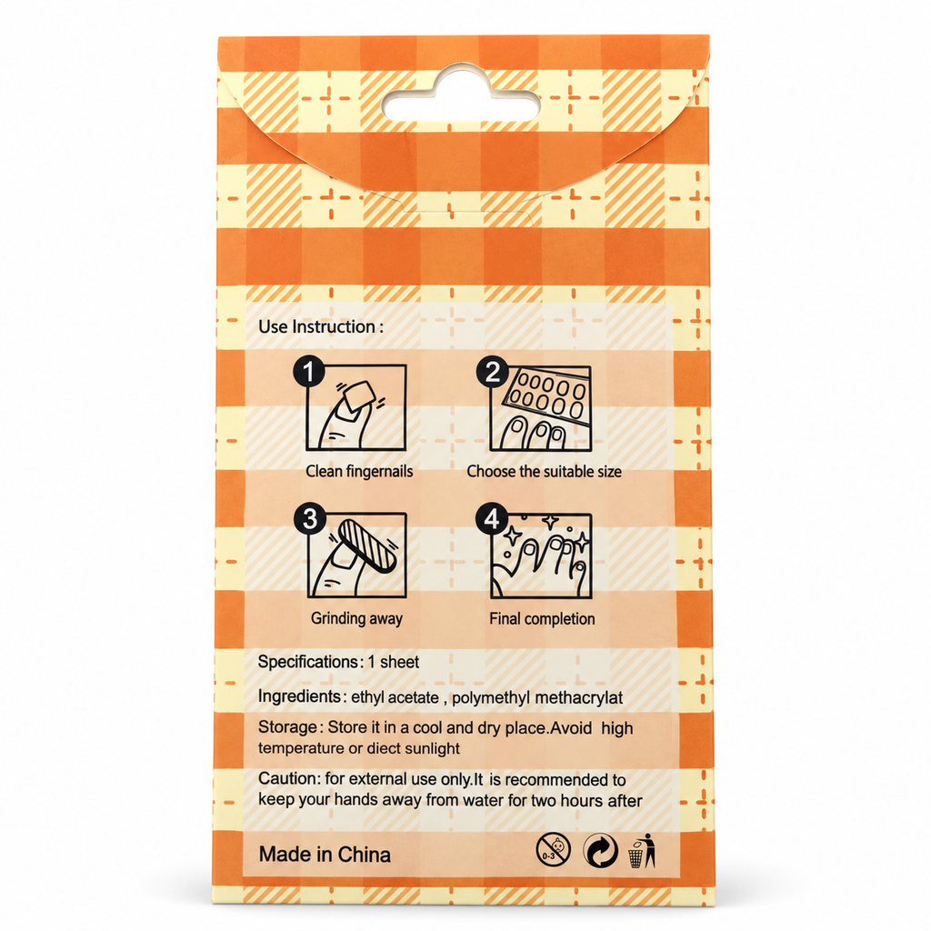 Nail sticker package back with included application instructions, on white