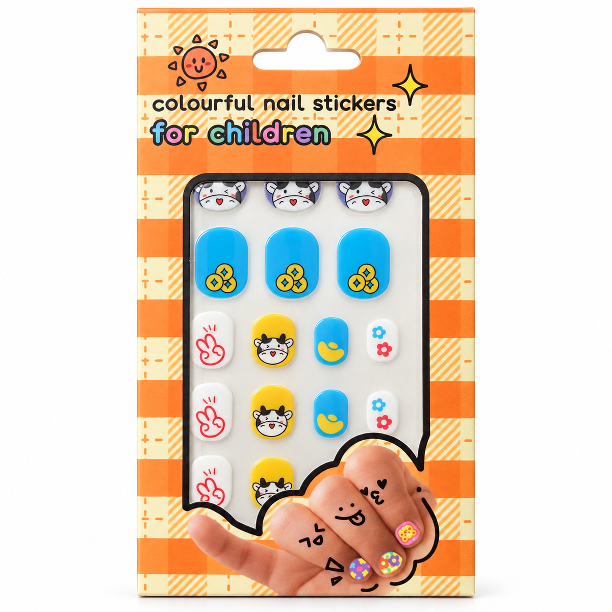 Blue and Yellow Cow nail sticker package on a white background — AI-enhanced product photo
