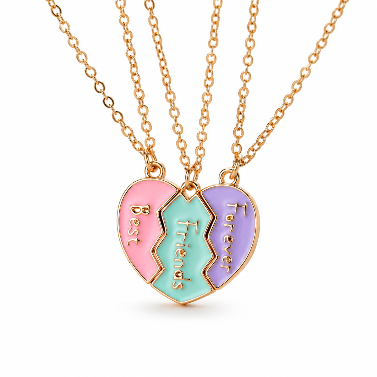 Three pastel Best Friends Forever necklace pendants forming a heart on white; studio-style product illustration