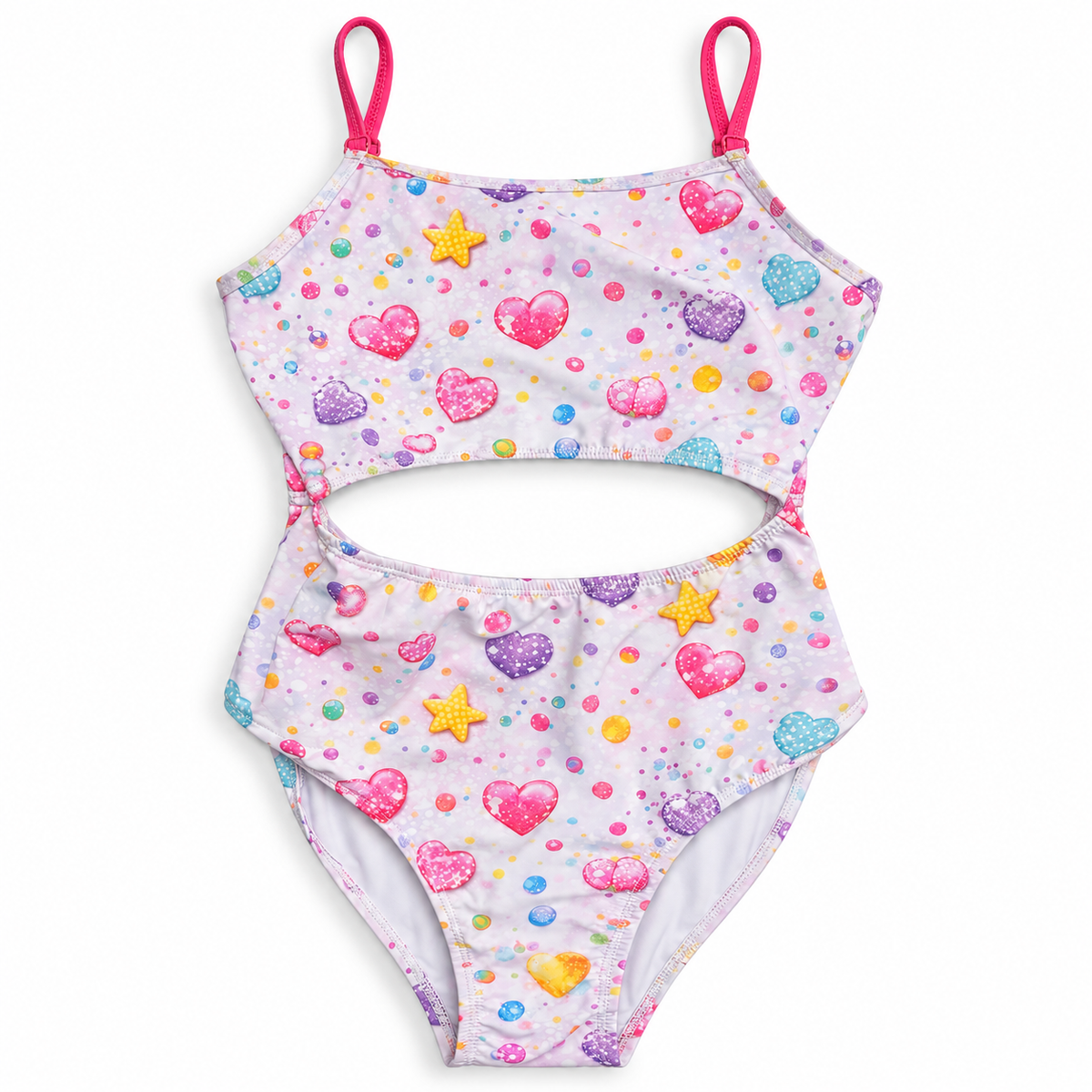 Shimmer Sparkle cutout one-piece swimsuit with pink straps — AI-styled product illustration