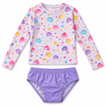 Shimmer Sparkle printed long-sleeve rashguard and lavender bottoms — AI-styled product illustration