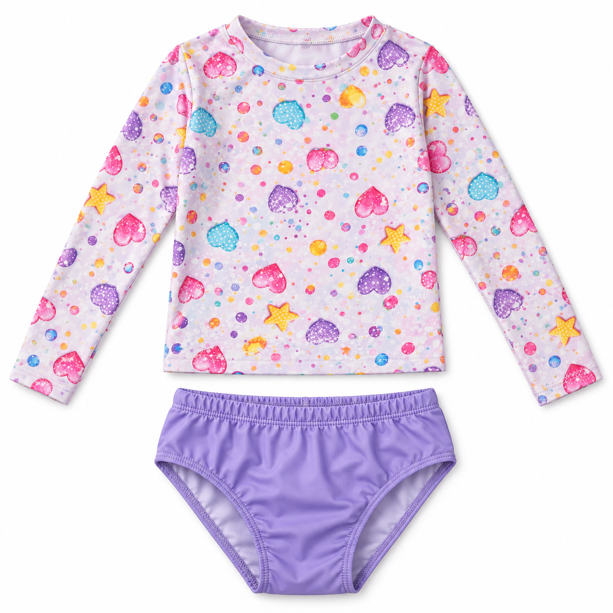 Shimmer Sparkle printed long-sleeve rashguard and lavender bottoms — AI-styled product illustration