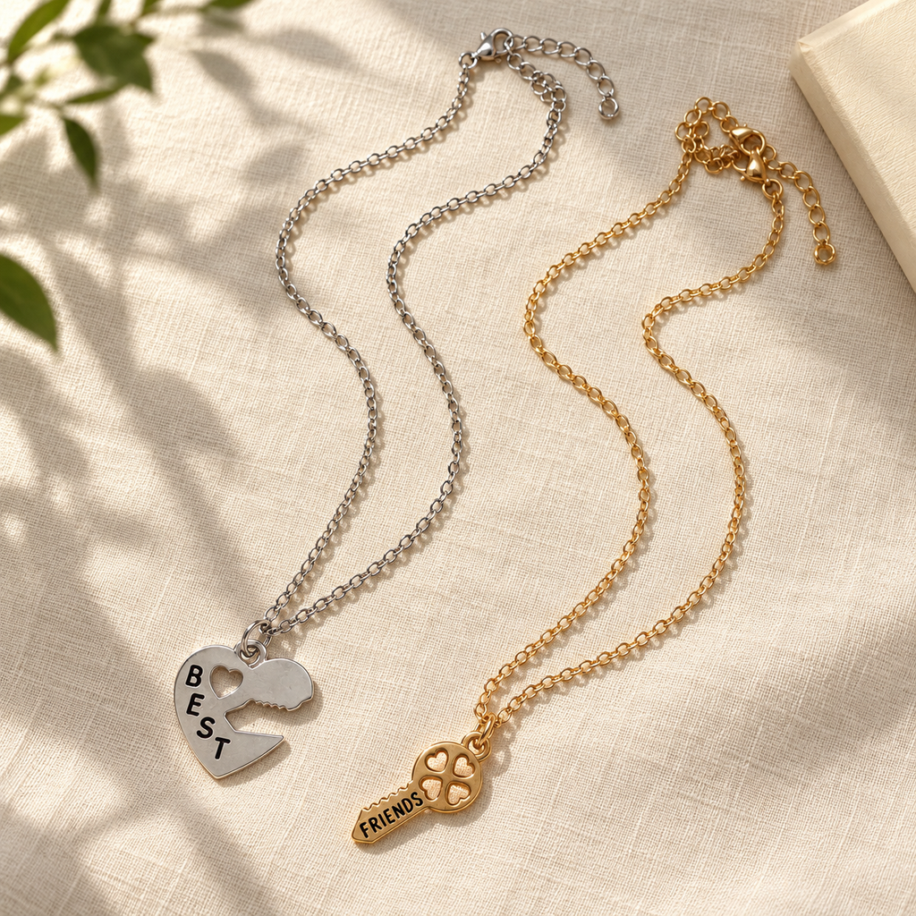 Best Friends heart and key necklace pair styled on ivory linen