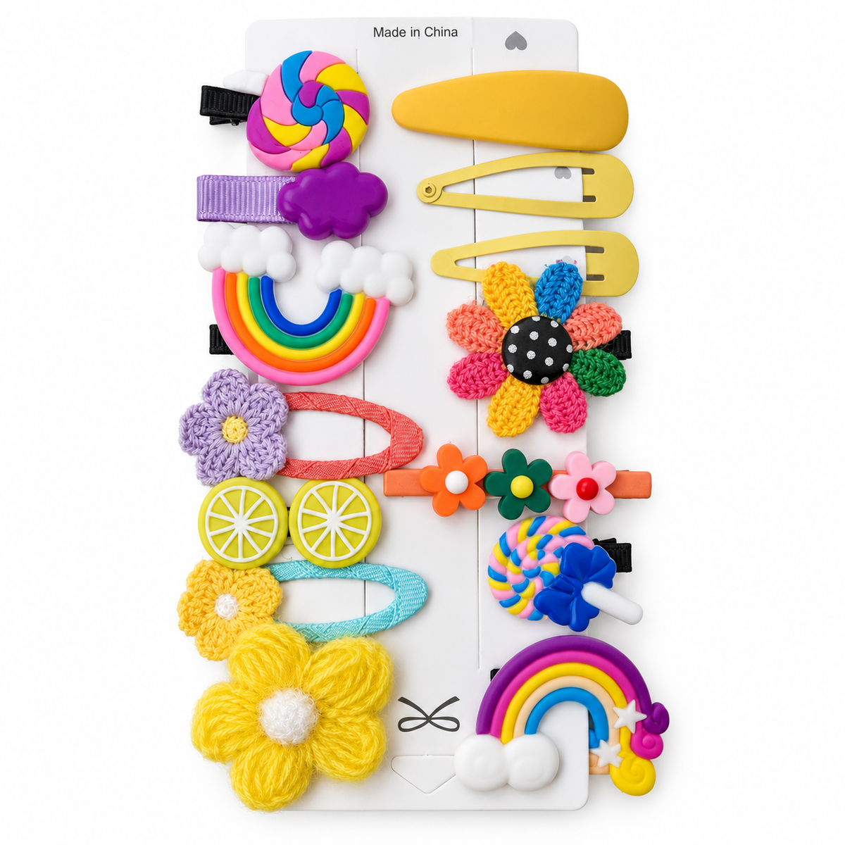 Bright Rainbow hair clip assortment on one display card — AI-enhanced product photo