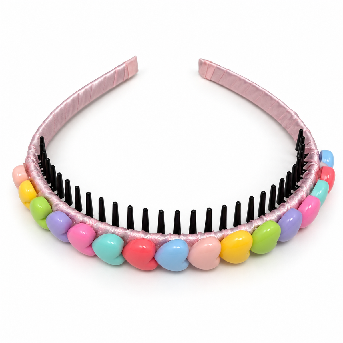 Pastel heart headband with blush ribbon wrapping and black comb teeth — AI-enhanced product photo