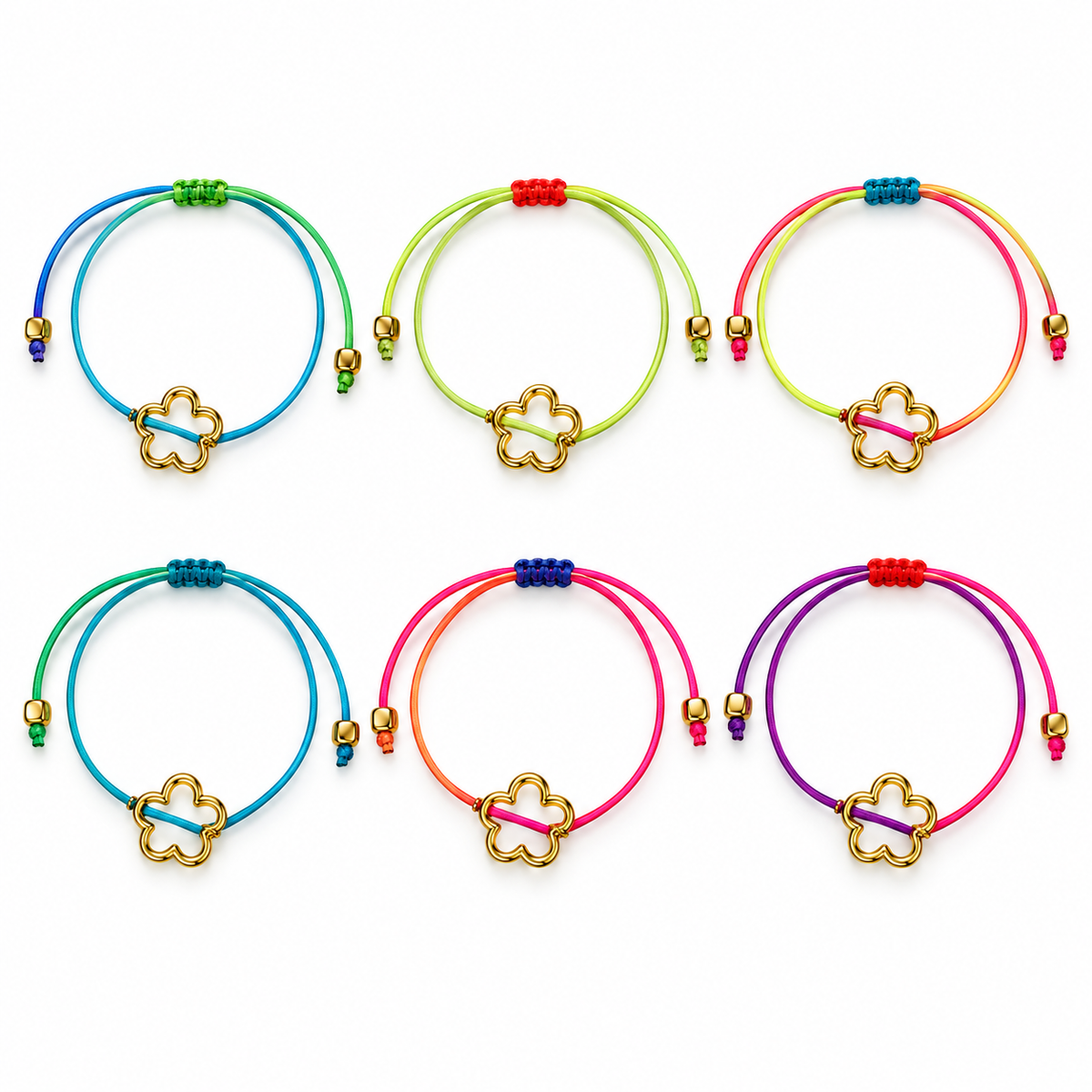 colorful flower cord bracelets on a white background