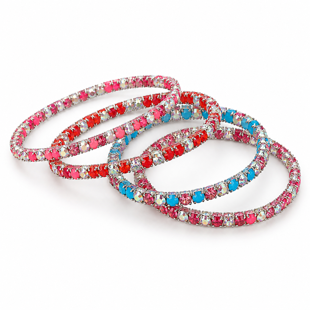 Studio-style illustration of multicolor sparkle bracelets on white
