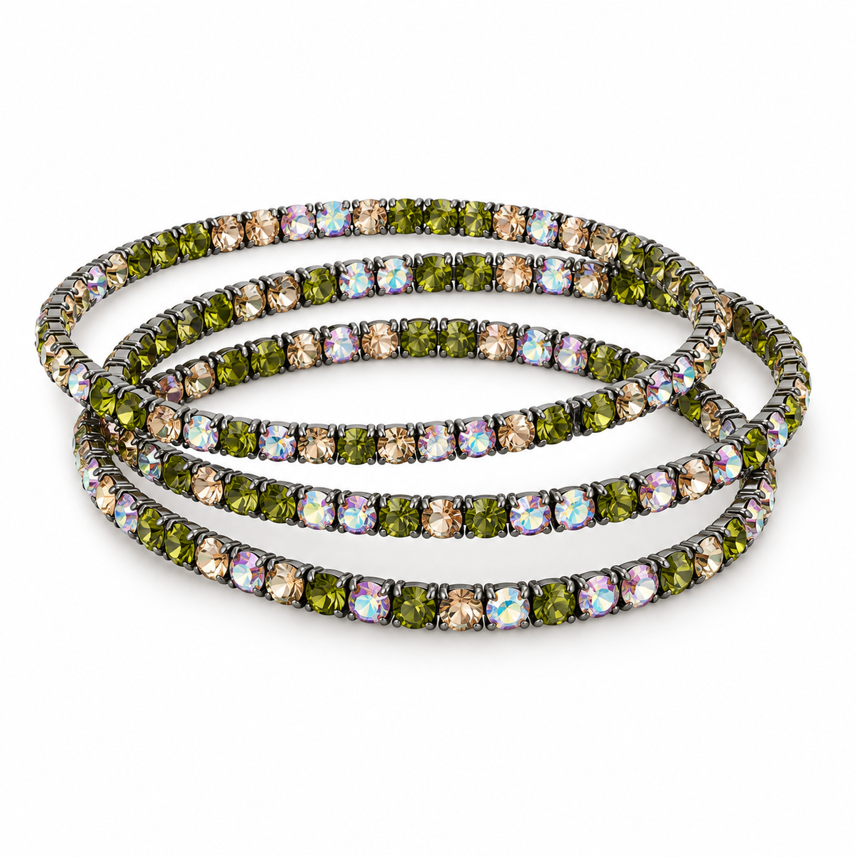 Studio-style illustration of olive-green and iridescent sparkle bracelets on white