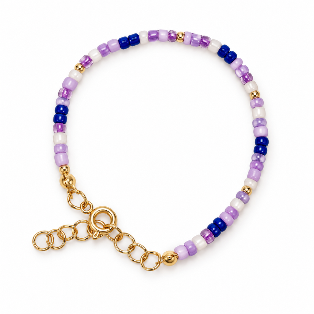purple beaded bracelet on a white background