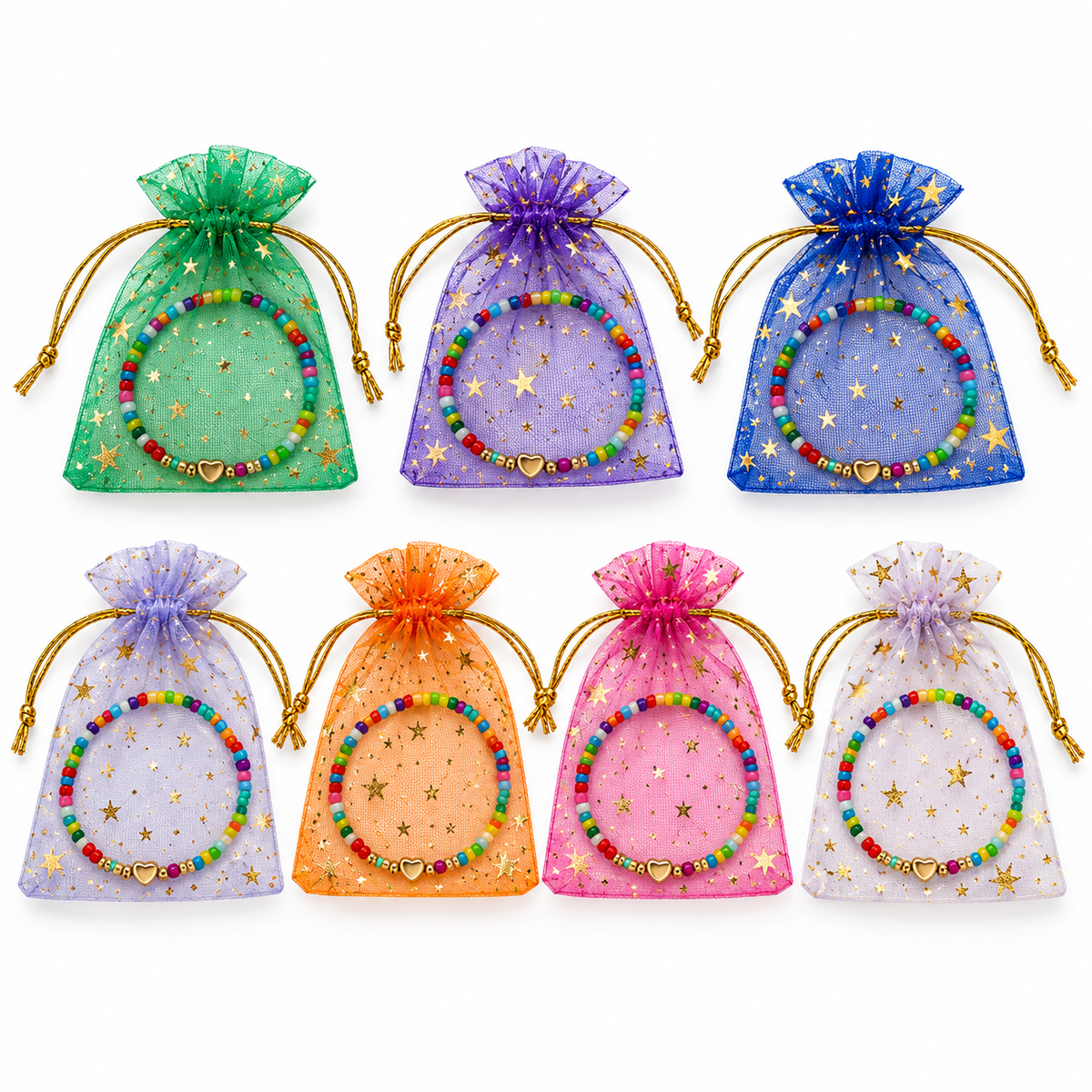 Studio-style illustration of rainbow bracelets in colorful sheer gift pouches on white