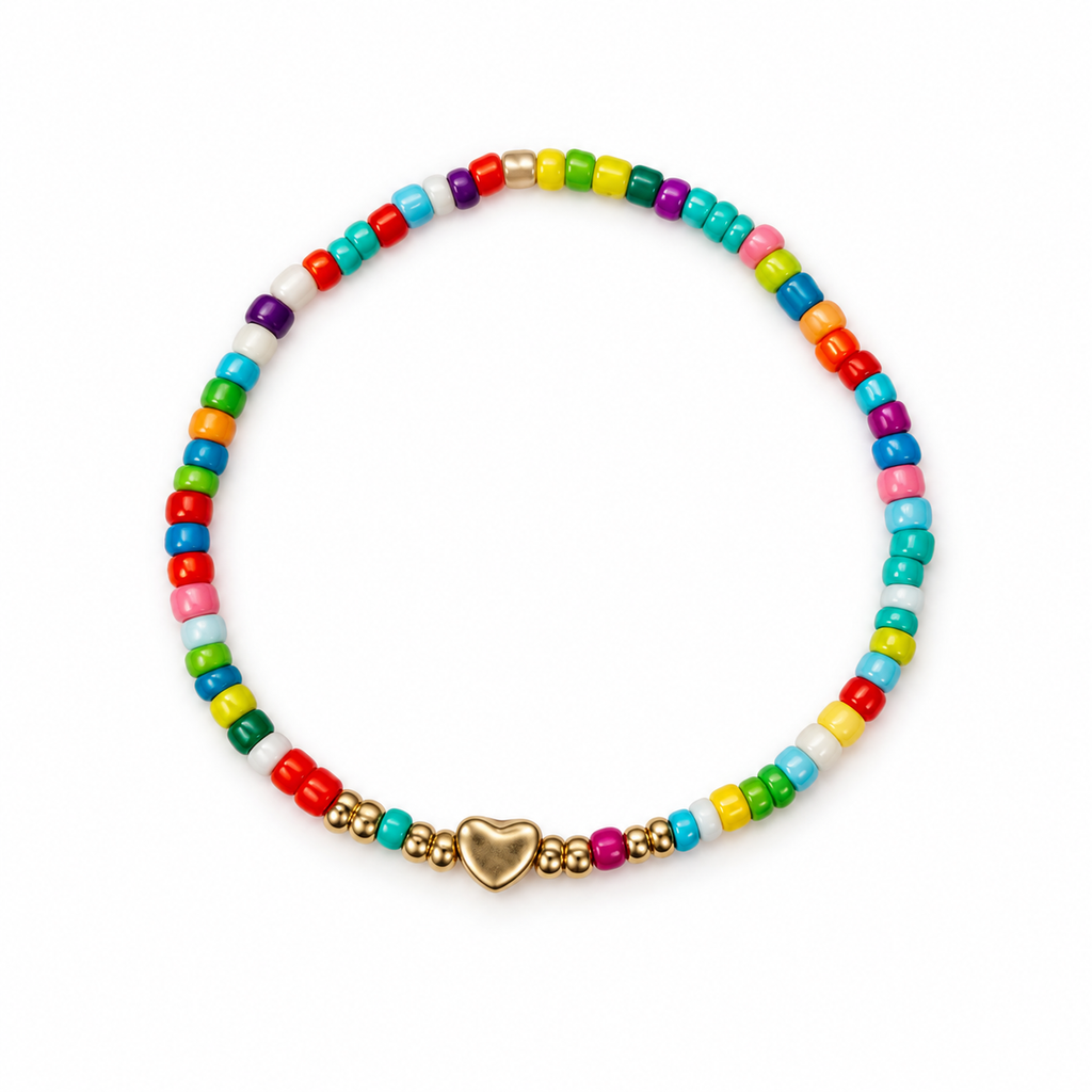Studio-style illustration of the rainbow heart bead bracelet on white