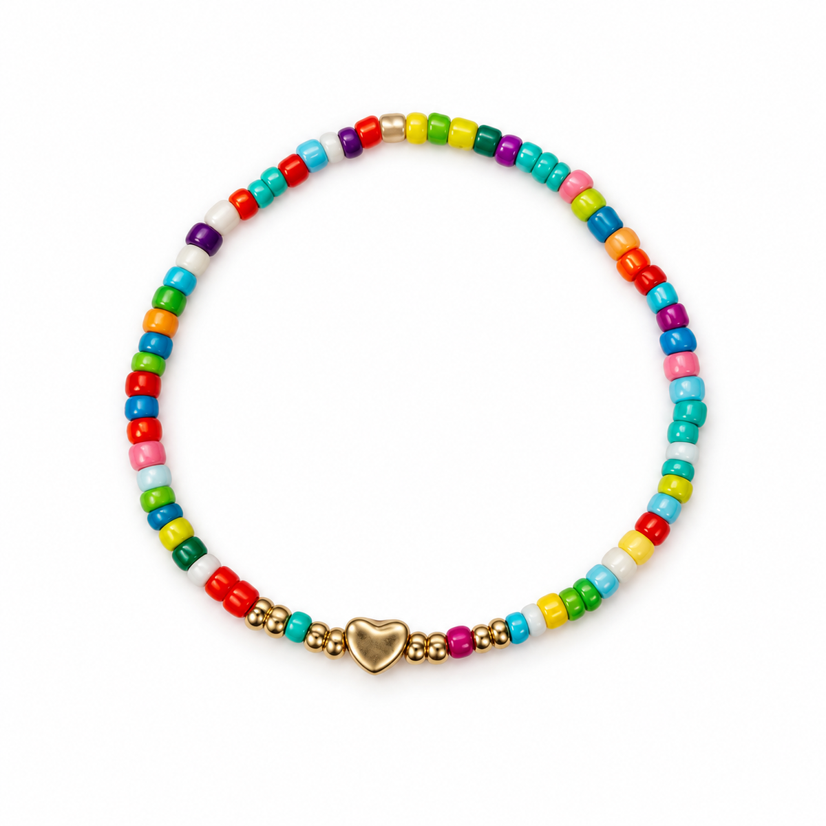 Studio-style illustration of the rainbow heart bead bracelet on white
