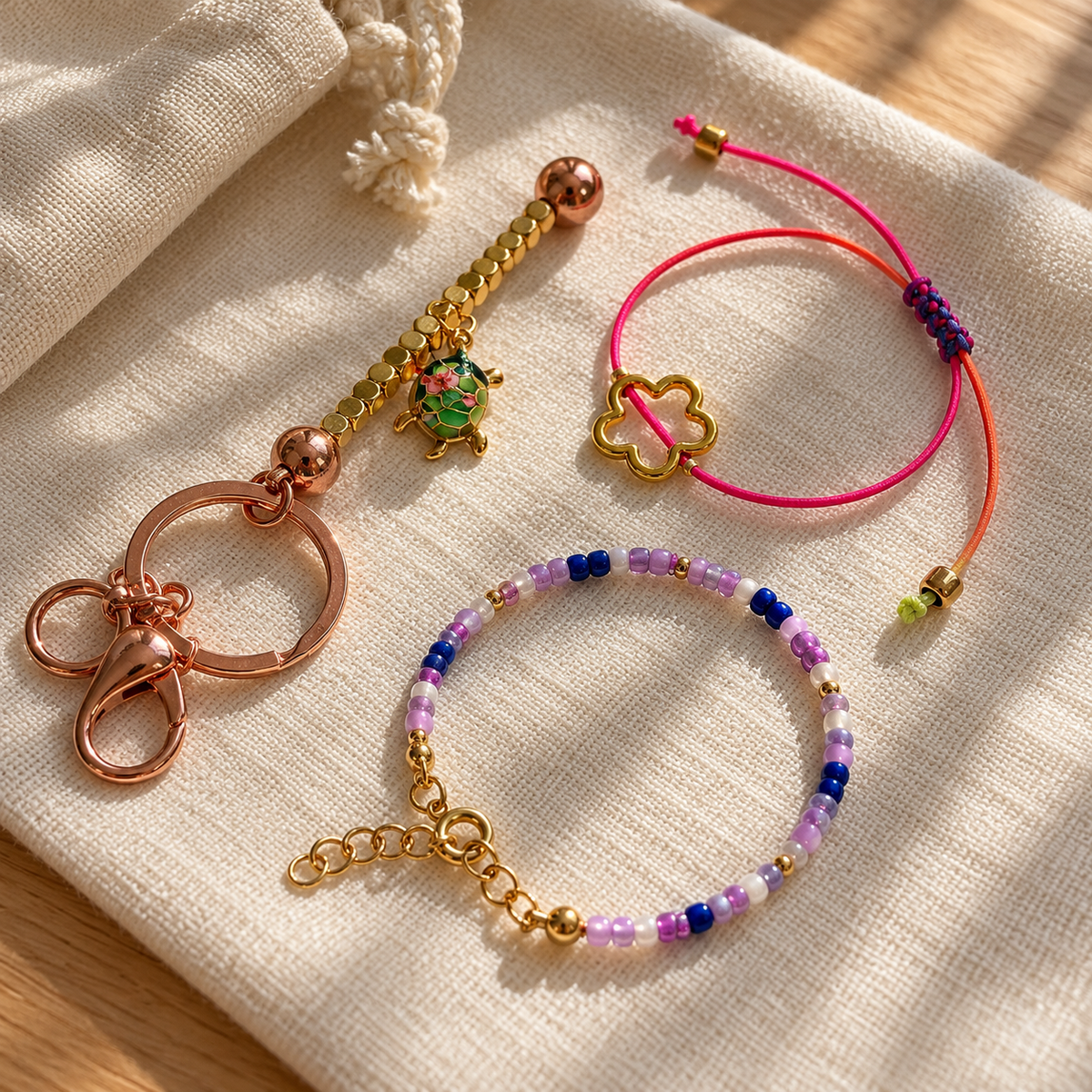 Styled illustration of turtle keychain and bracelets on linen; items sold separately