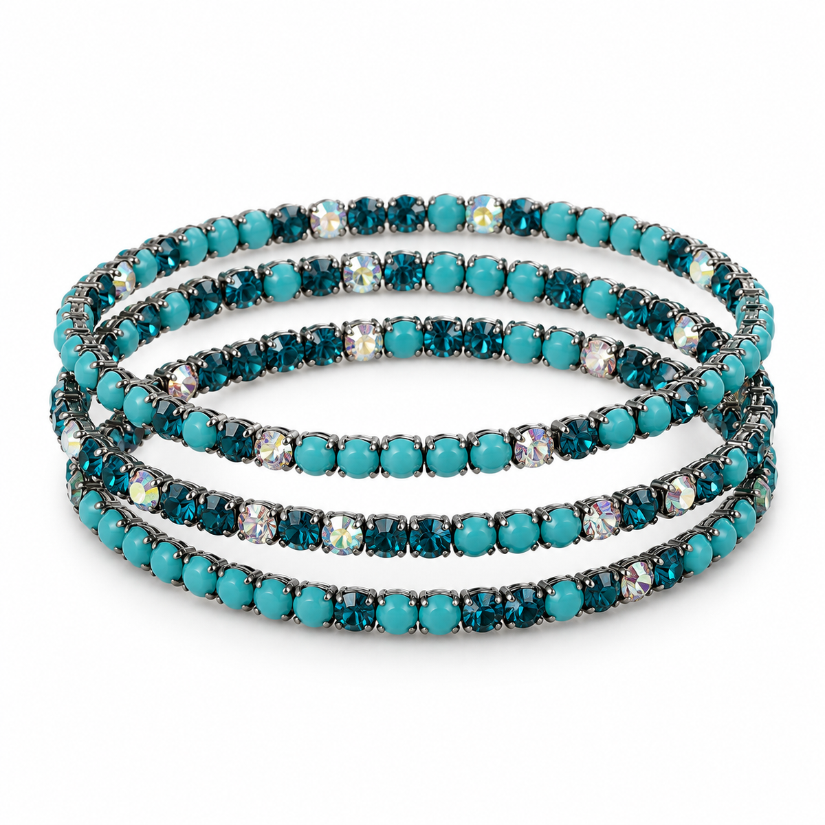 Studio-style illustration of turquoise-tone and teal sparkle bracelets on white