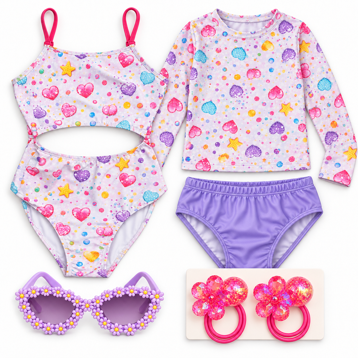 Swim & Daisy Bundle complete contents on white — AI-styled product illustration